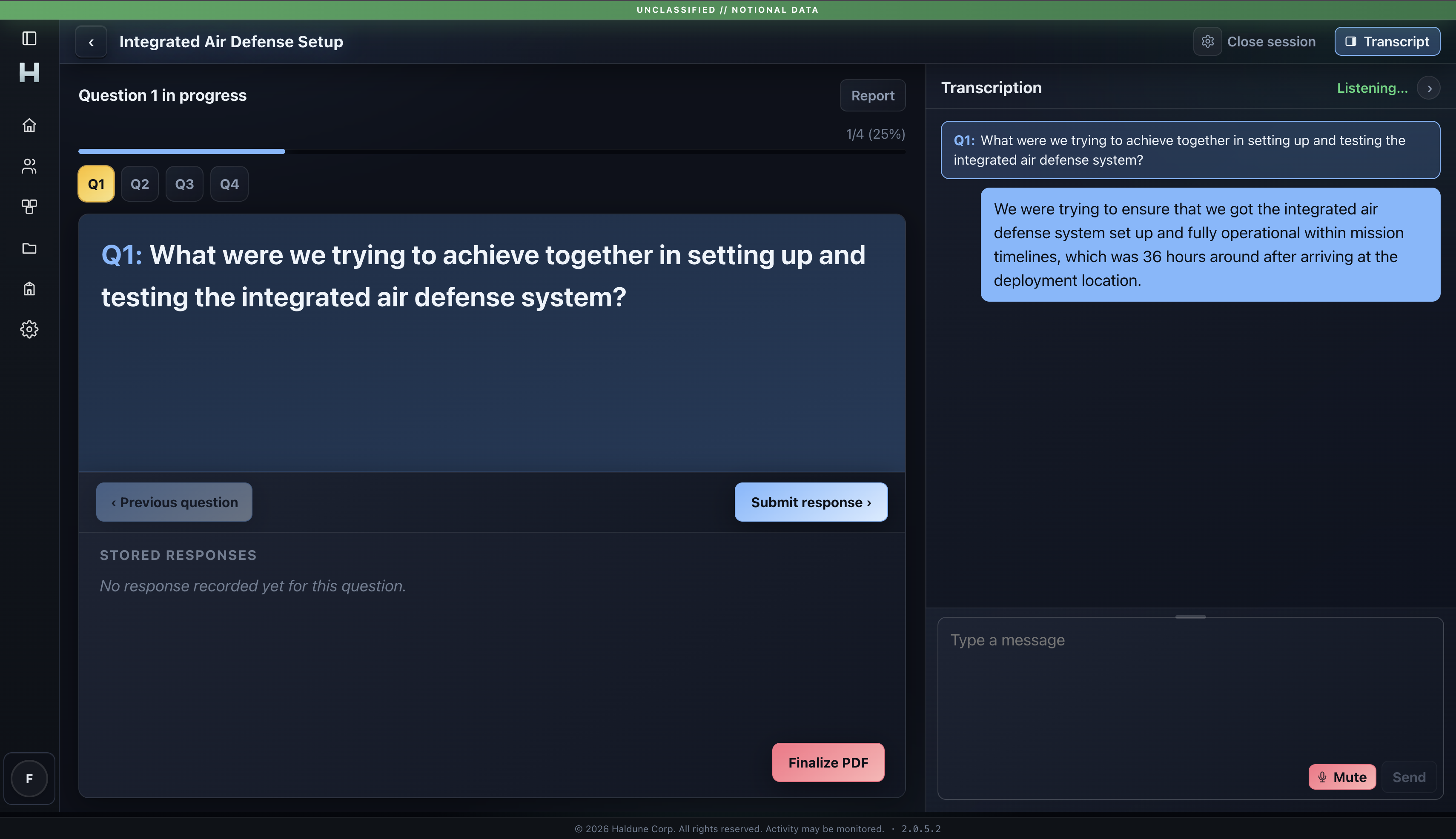 Live debrief session with transcription and progress